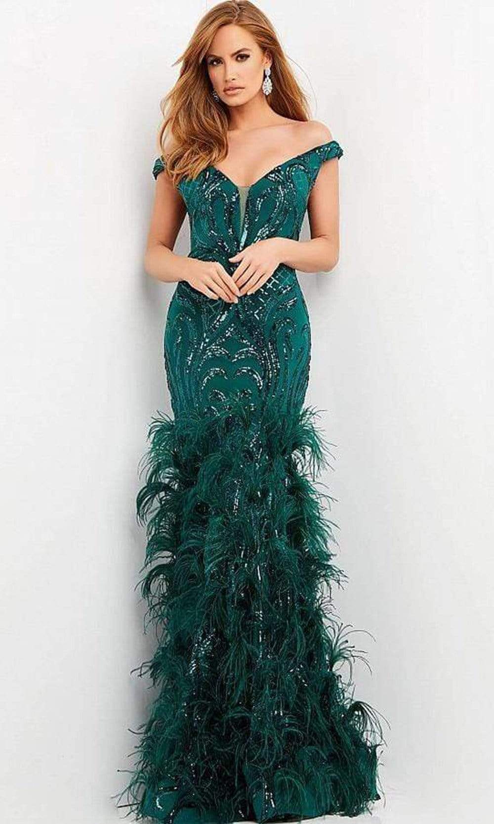 Jovani - 05660 Off Shoulder Sequined and Feathered Gown 22 / Green - Shop Jovani dresses on Couture Candy at CoutureCandy.com Jovani - 05660 Off Shoulder Sequined and Feathered Gown 22 / Green - Shop Jovani dresses on Couture Candy at CoutureCandy.com