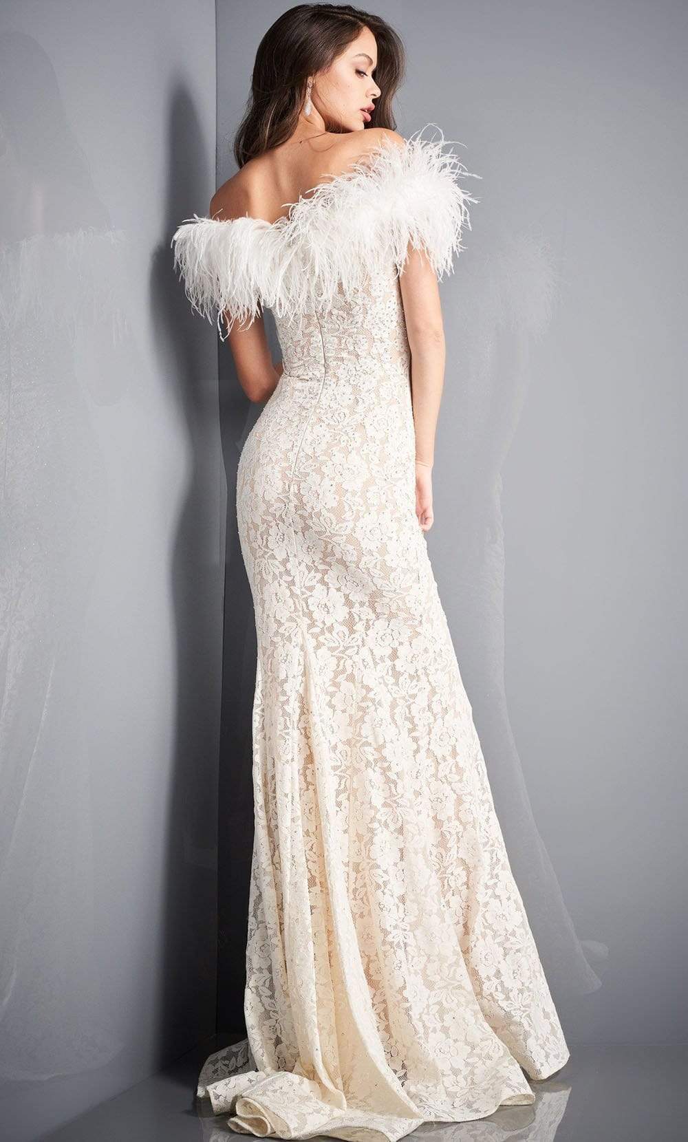 feather off the shoulder dress Fitted Feather Off Shoulder Gown By Nox Anabel -C1106W