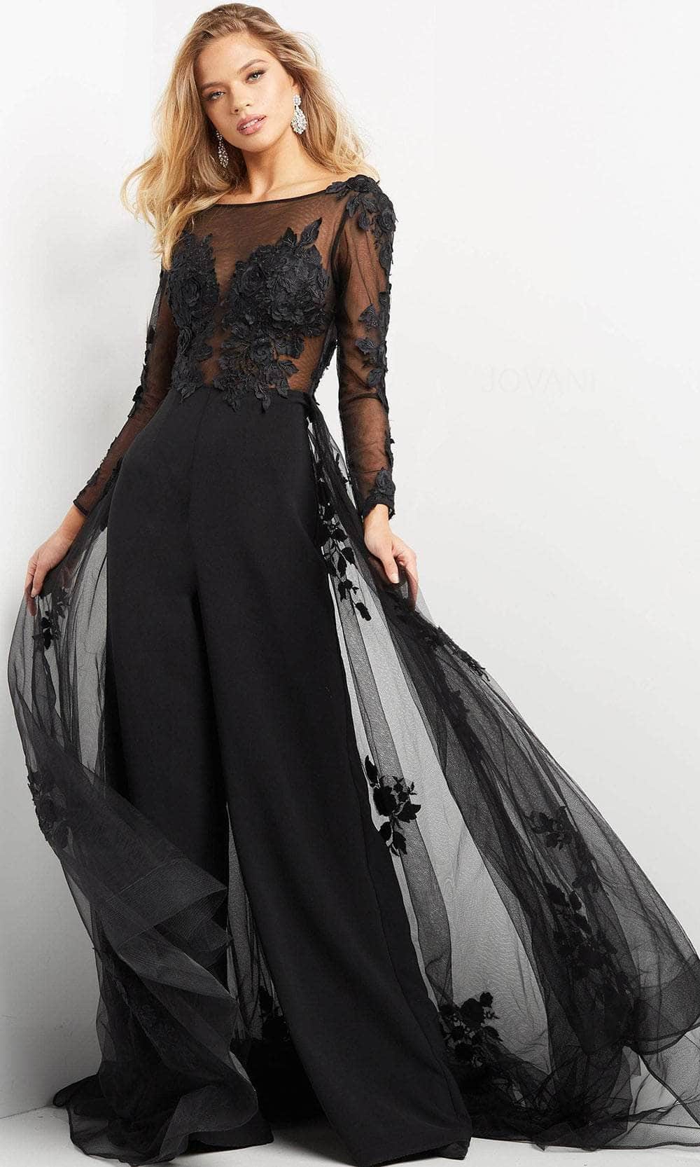 Jovani 06609 - Long Jumpsuit Dress - Long Sleeve, Illusion Bodice, Floral Lace Appliques, Tulle Overskirt, Scoop Open Back, Back Zipper, Full Length, Jovani 06609 - Long Jumpsuit Dress - Long Sleeve, Illusion Bodice, Floral Lace Appliques, Tulle Overskirt, Scoop Open Back, Back Zipper, Full Length,