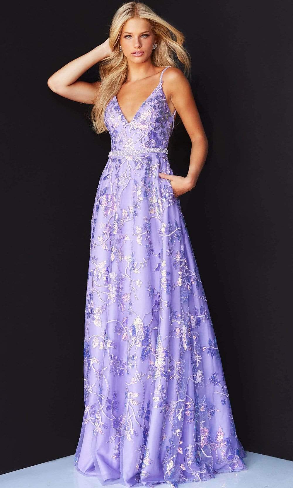Jovani - 06814 V-Neck Floral Embroidered Dress Couture Candy Jovani - 06814 V-Neck Floral Embroidered Dress Couture Candy