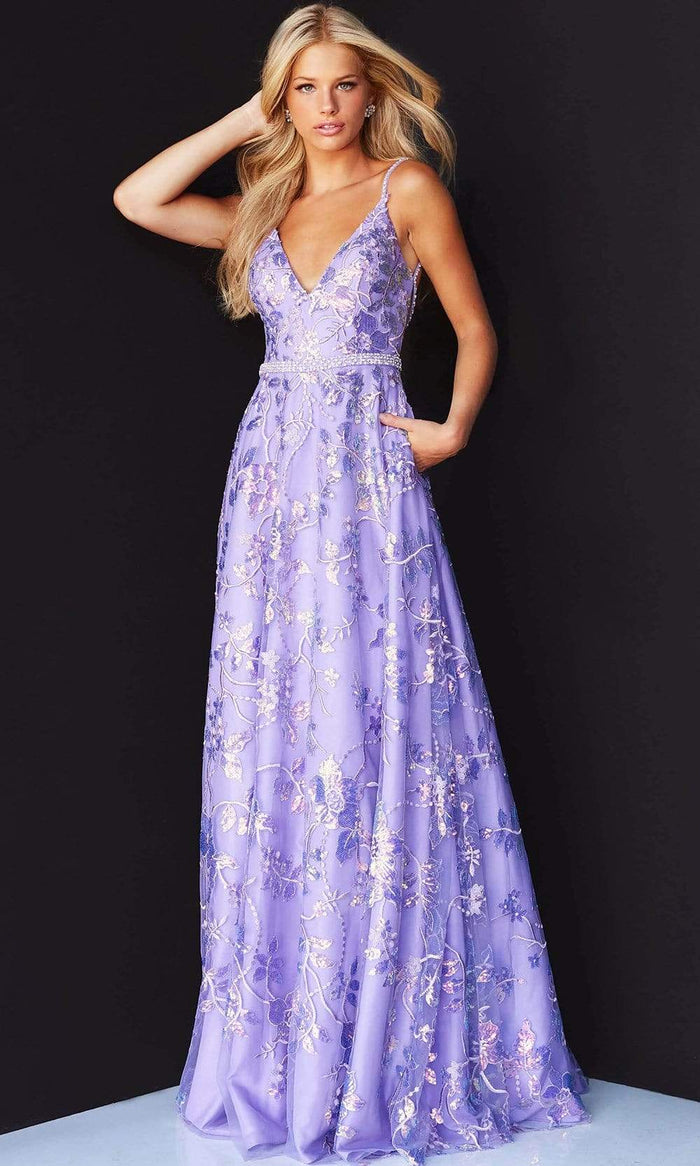 Jovani - 06814 V-Neck Floral Embroidered Dress Prom Dresses 00 / Lilac