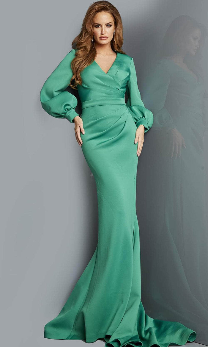 Jovani 07047 - V-Neck Bishop Sleeves Evening Gown Evening Dresses 00 / Emerald