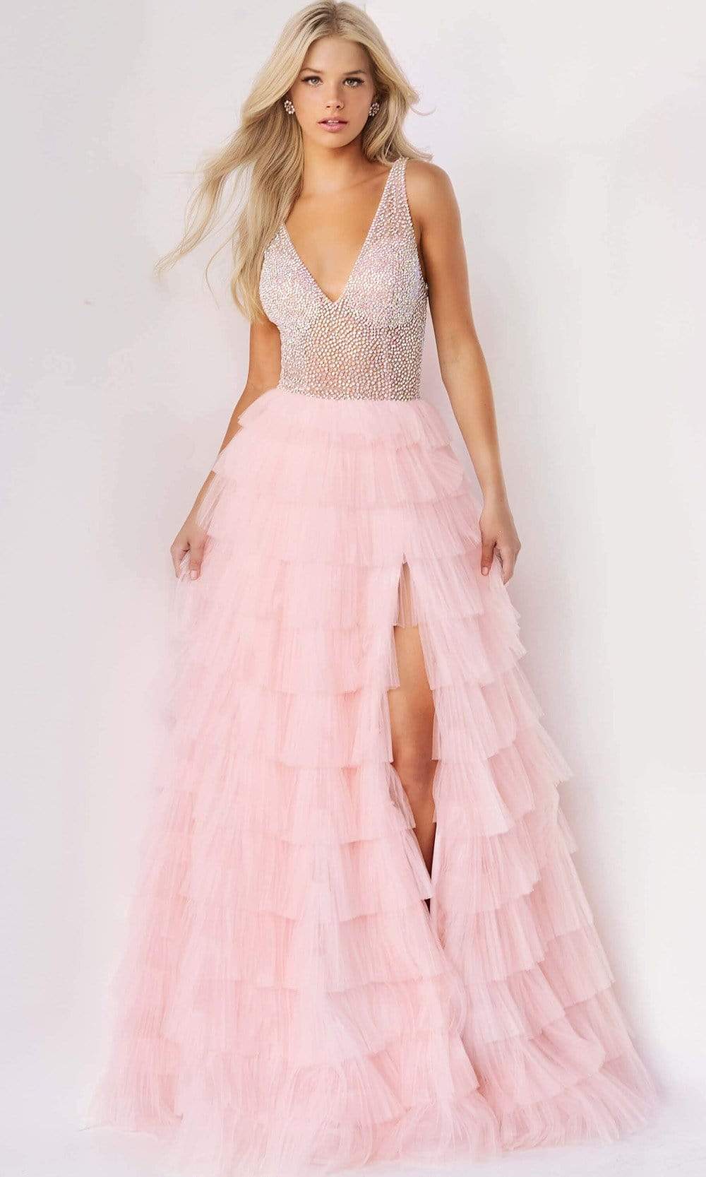 Jovani - 07235 Jeweled High Slit Tulle Gown Couture Candy Jovani - 07235 Jeweled High Slit Tulle Gown Couture Candy
