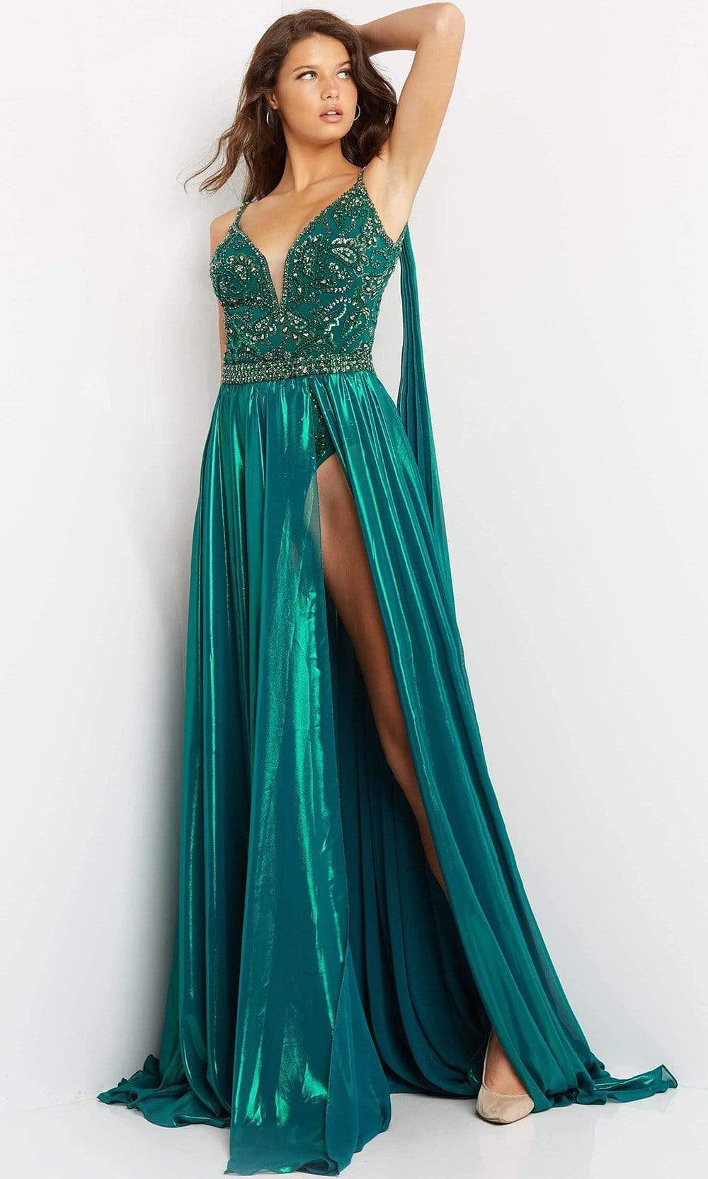 Jovani 07249 A Line Long Pleated Formal Slit Prom Dress - Hunter / 20 Jovani 07249 A Line Long Pleated Formal Slit Prom Dress - Hunter / 20