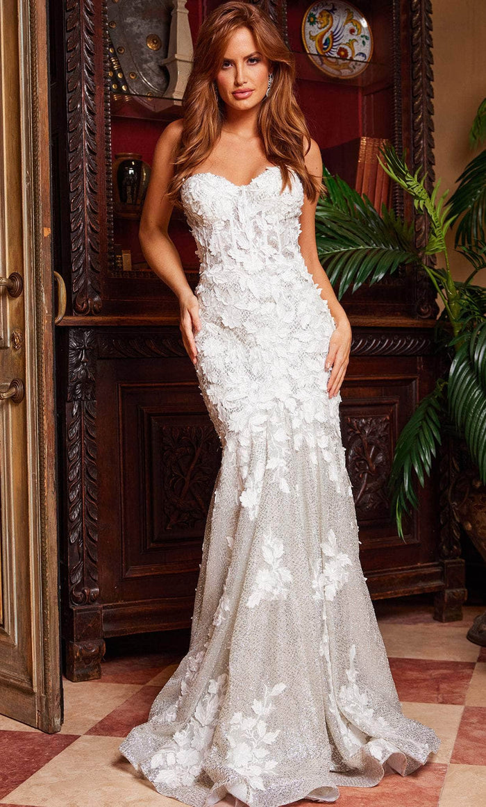 Jovani 07496 - Lace Appliqued Sweetheart Evening Gown Special Occasion Dress 00 / Off White/ Silver