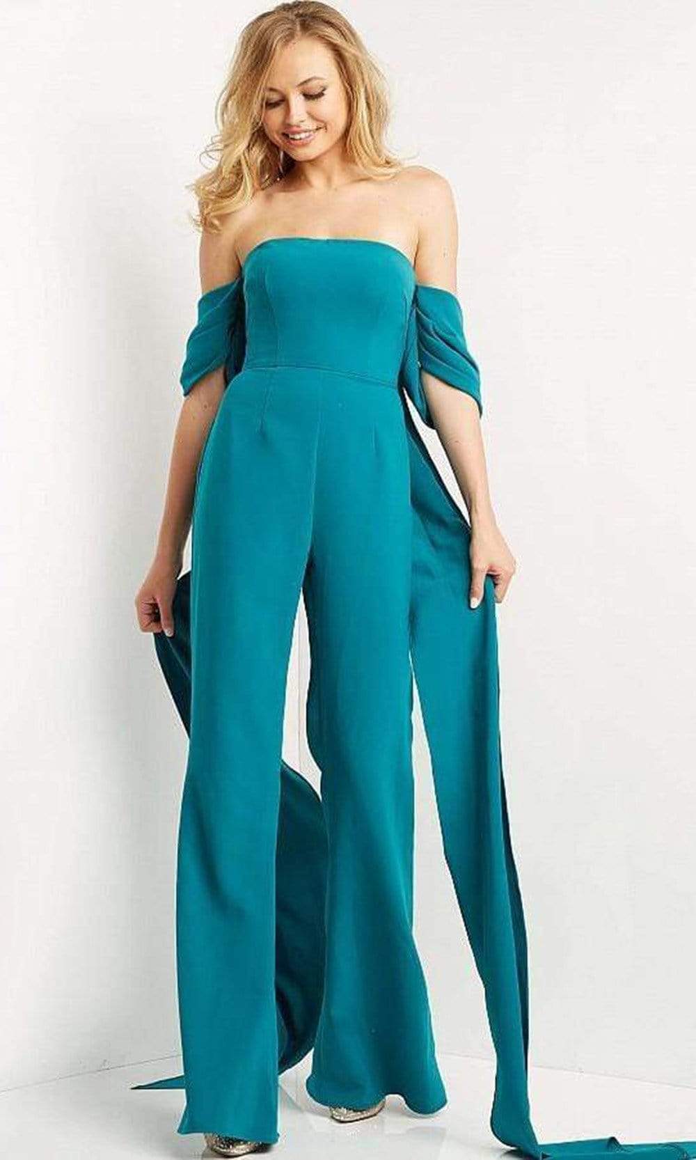 jumpsuit dress off shoulder Off Shoulder Tiered Wide Leg Jumpsuit Adjustable Tie Sleeve Jumpsuit Medium / Denim