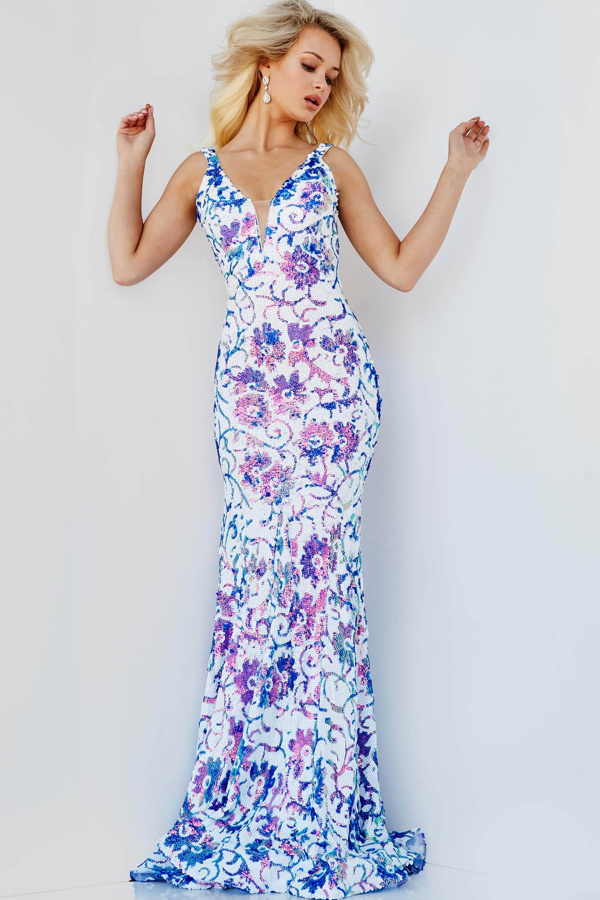 blue floral sequin dress Sparkly Excellence Floral Sequin Mini A-Line Dress