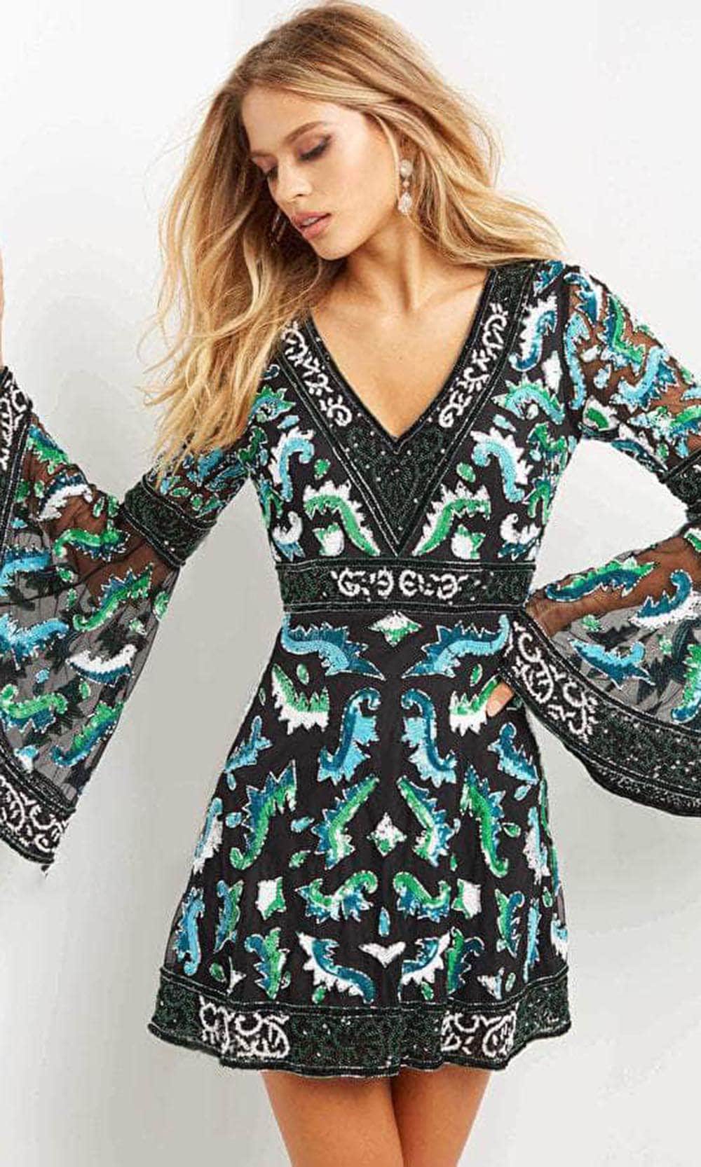 short dresses with bell sleeves Short Bell Sleeve Floret Embroidered Mini Dress