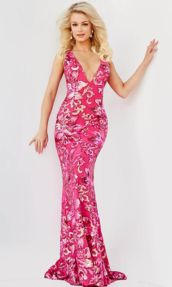 Jovani 08462 - Floral Sequined Evening Gown Evening Dresses 00 / Pink