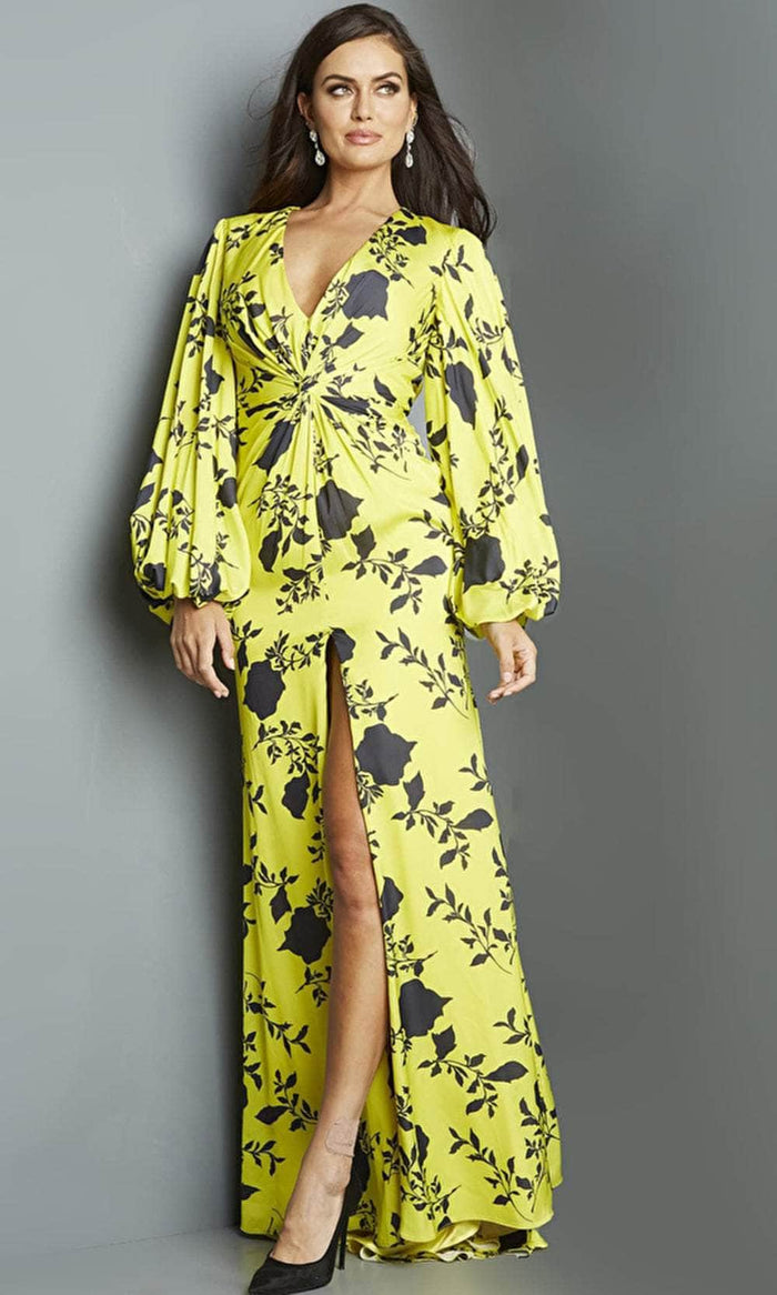 Jovani 09453 - Satin Floral Long Evening Dress Evening Dresses 00 / Yellow/Black