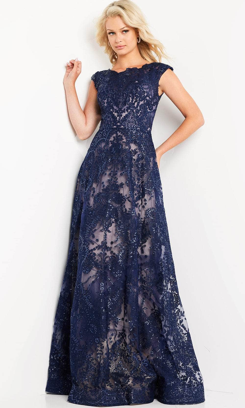 Jovani Embroidered Sequined Evening Dress Navy 6 Jovani Embroidered Sequined Evening Dress Navy 6