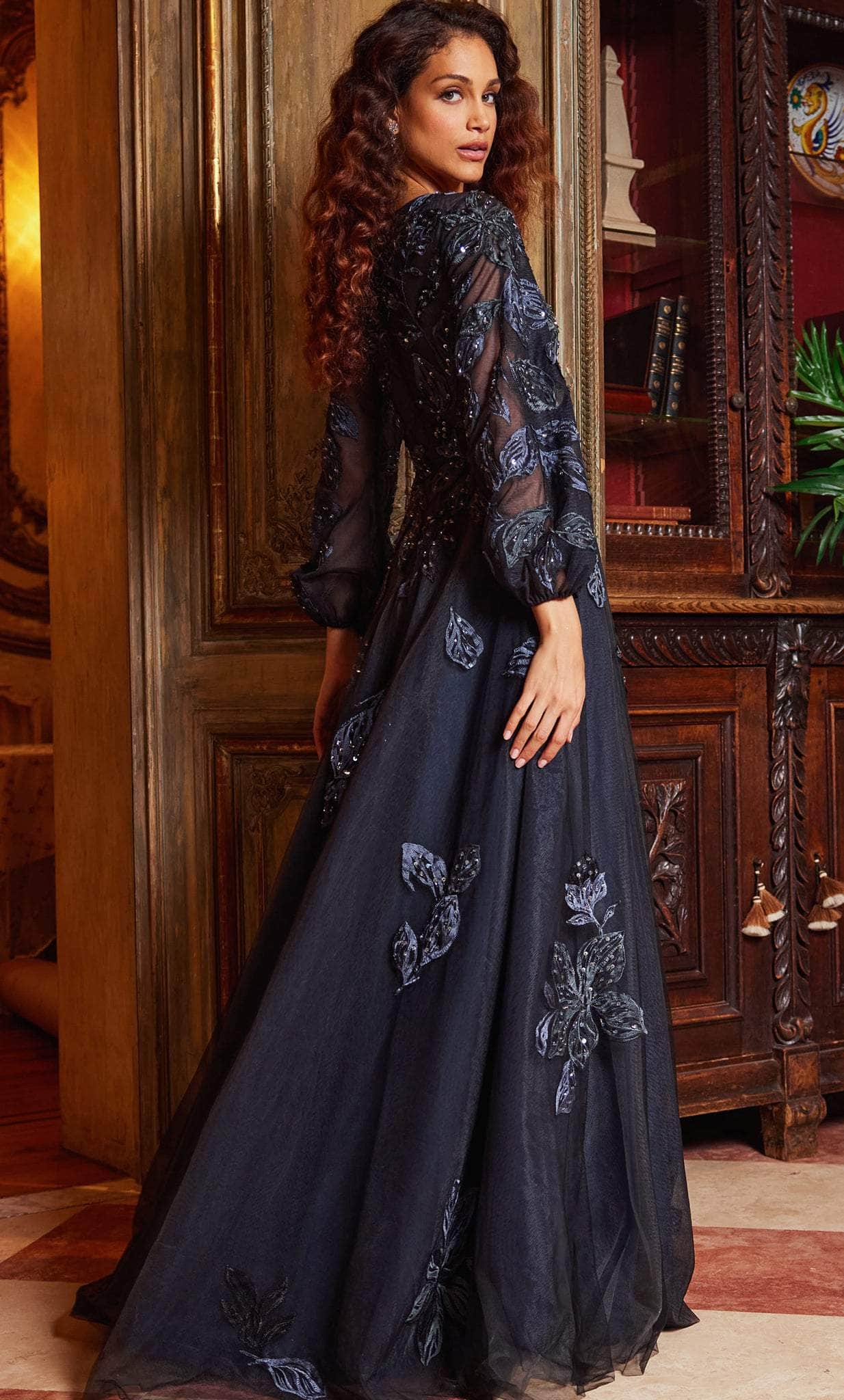 Jovani 09943 - Long Tulle A-Line Dress - Long Bishop Sleeve, Beaded, Embroidery, Full Back, Sweep Train 6 / Navy - Shop Jovani dresses on Couture Jovani 09943 - Long Tulle A-Line Dress - Long Bishop Sleeve, Beaded, Embroidery, Full Back, Sweep Train 6 / Navy - Shop Jovani dresses on Couture