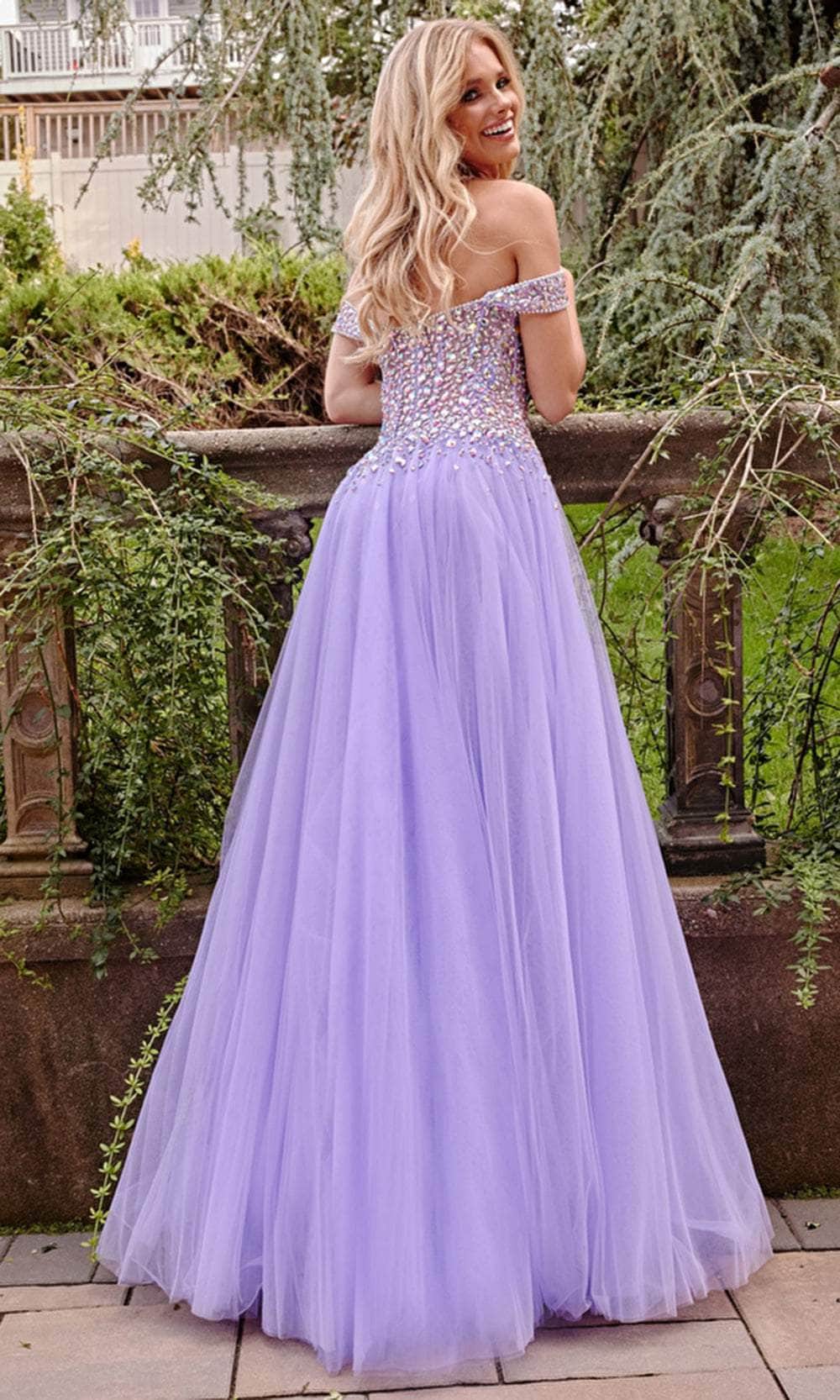 purple dress with rhinestones Strapless Lilac Corset A-Line Prom Koutun Dress 50% Chiffon Jovani 23963 - Off Shoulder