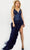 Jovani 24059 - Feathered Slit Prom Dress Prom Dresses 00 / Navy