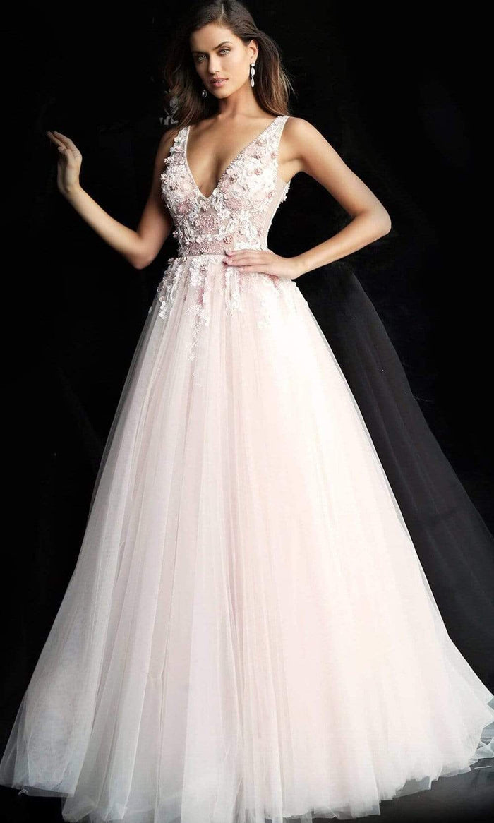 Jovani - 61109 Floral Applique Plunging V-neck Tulle Ballgown Ball Gowns 00 / Blush