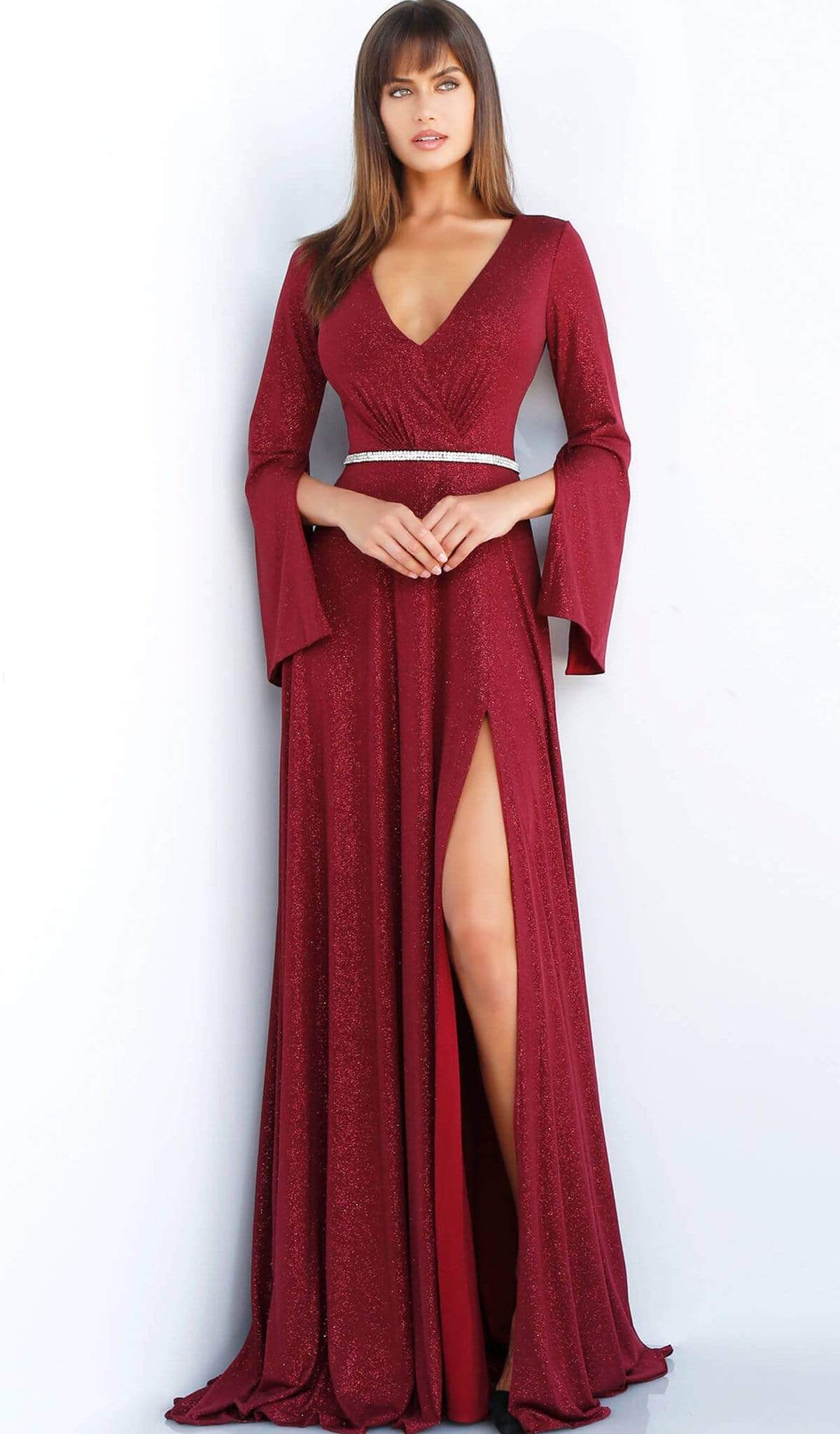 Jovani - 63124 Split Long Sleeve Glitter High Slit Gown Couture Candy Jovani - 63124 Split Long Sleeve Glitter High Slit Gown Couture Candy