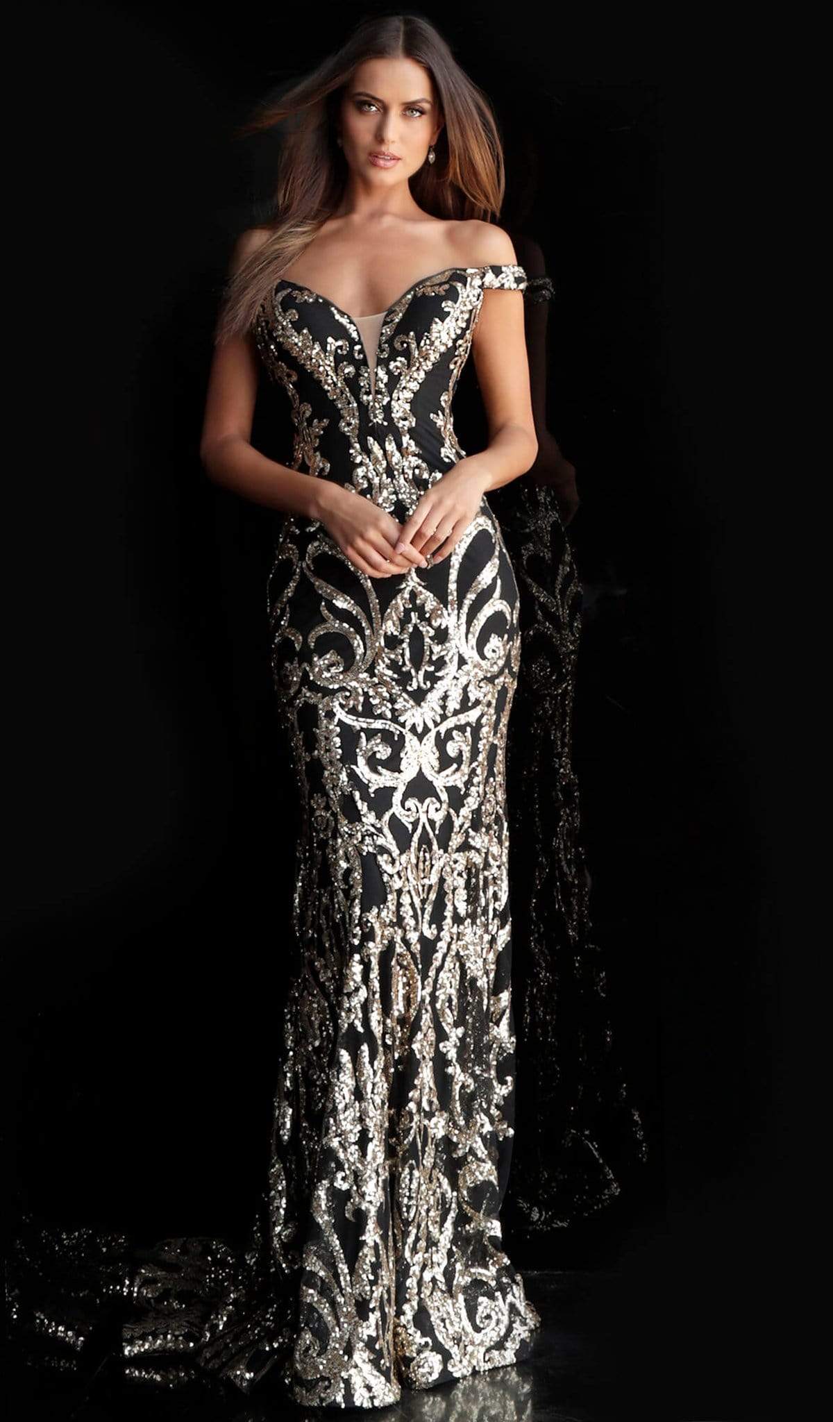 Jovani - 63349 Elaborate Metallic Sequined Off Shoulder Gown Couture Candy Jovani - 63349 Elaborate Metallic Sequined Off Shoulder Gown Couture Candy
