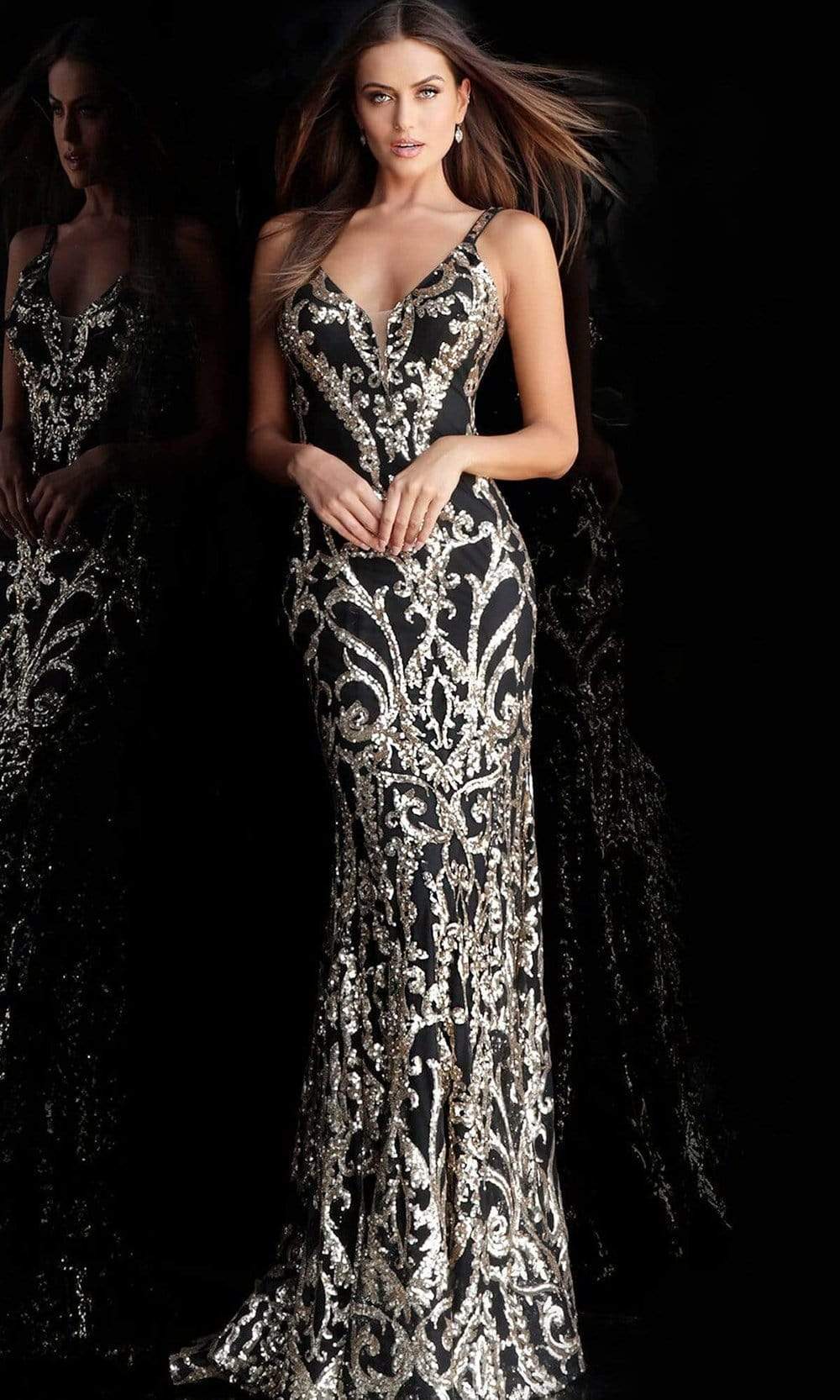 Jovani - 63350 Metallic Sequined Plunging Long Gown Couture Candy Jovani - 63350 Metallic Sequined Plunging Long Gown Couture Candy