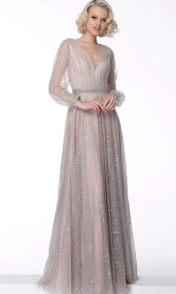 Jovani - 65658 Glittered V-Neck A-Line Dress Mother of the Bride Dresses 00 / Nude