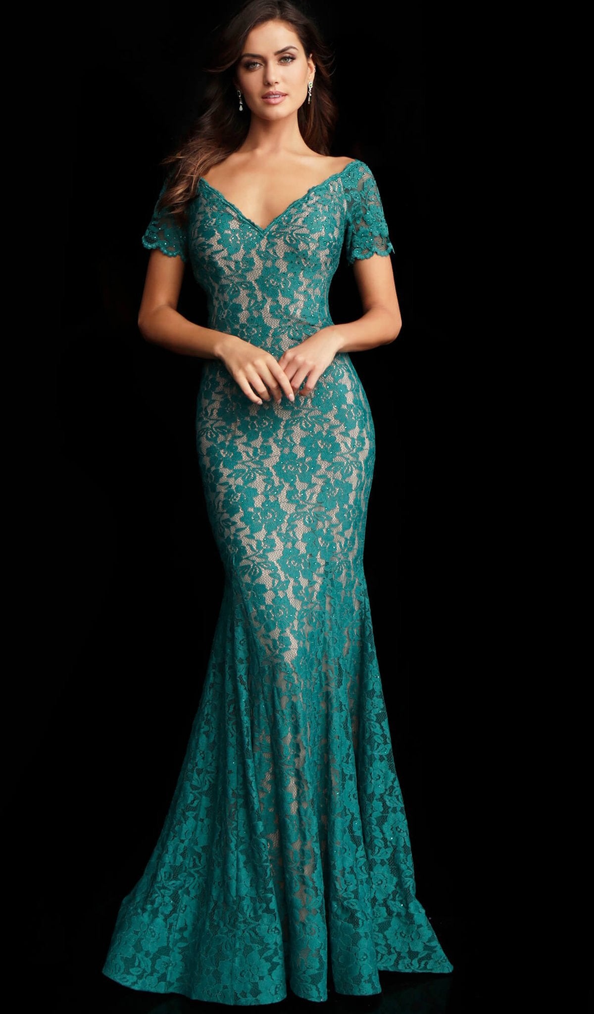 Jovani 66730 - Long Trumpet Dress - Short Sleeves, Heat Set Stone Embellishments, Lace, Invisible Back Zipper, Fitted Bodice, Trumpet Skirt 0 / Red - Jovani 66730 - Long Trumpet Dress - Short Sleeves, Heat Set Stone Embellishments, Lace, Invisible Back Zipper, Fitted Bodice, Trumpet Skirt 0 / Red -