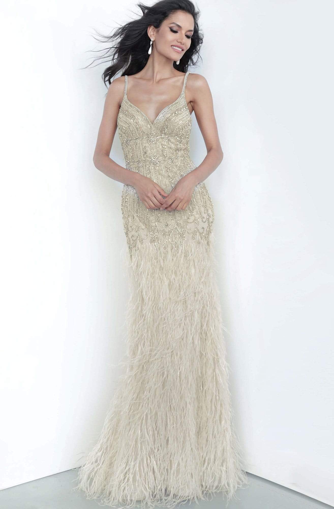 Jovani - 68827 Embellished V-Neck Feathered Trumpet Dress 20 / Cream - Shop Jovani Dresses On Couture Candy at CoutureCandy.com Jovani - 68827 Embellished V-Neck Feathered Trumpet Dress 20 / Cream - Shop Jovani Dresses On Couture Candy at CoutureCandy.com