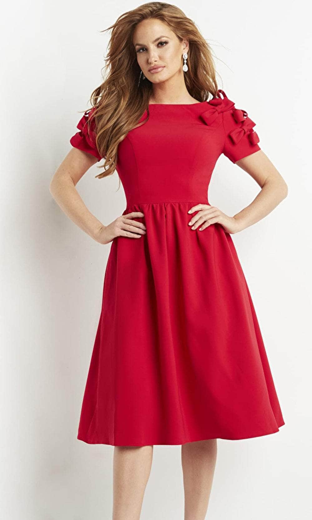 Jovani 07012 - Tea-Length Stretch Scuba A-Line Dress - Short Sleeves, Bow Accents, Seams, Back Zipper Closure 0 / Fuchsia - Shop Jovani Dresses On Jovani 07012 - Tea-Length Stretch Scuba A-Line Dress - Short Sleeves, Bow Accents, Seams, Back Zipper Closure 0 / Fuchsia - Shop Jovani Dresses On