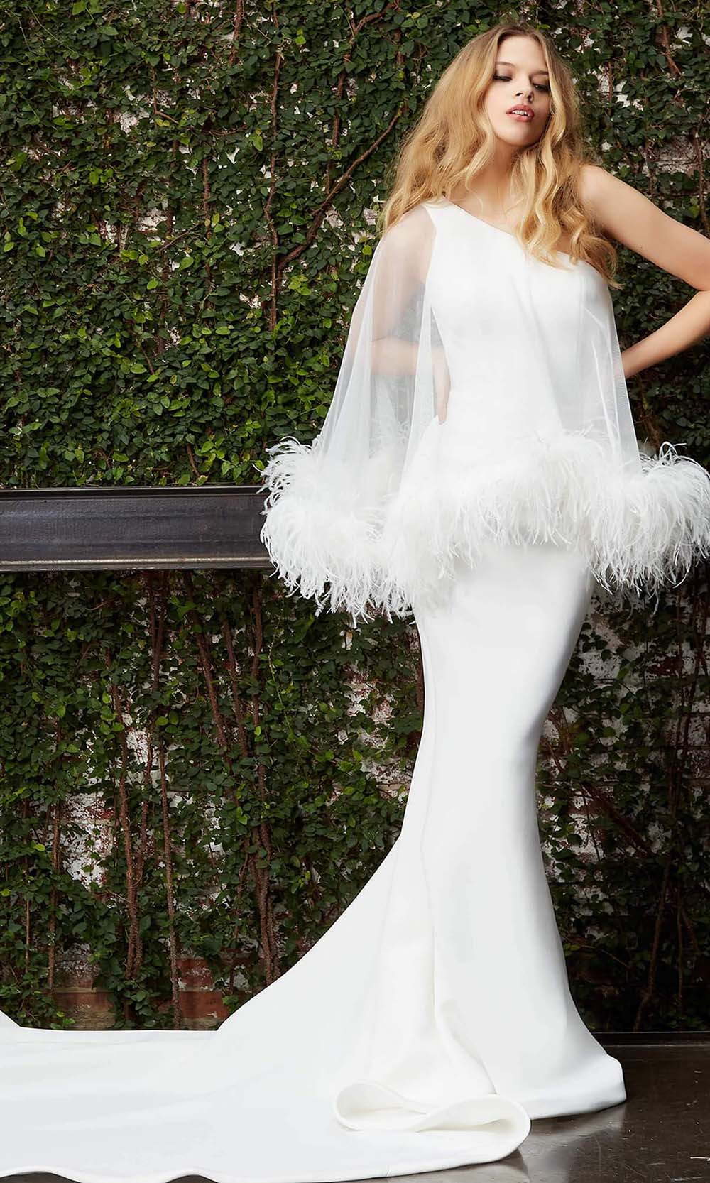 Jovani Bridal JB07360 Feather Fringed One Shoulder Bridal Gown Off-White