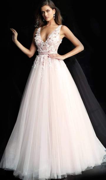 Jovani - Floral Embellished Plunging V-Neck Pleated Ballgown 61109SC - 1 pc Blush In Size 20 Available CCSALE 20 / Blush