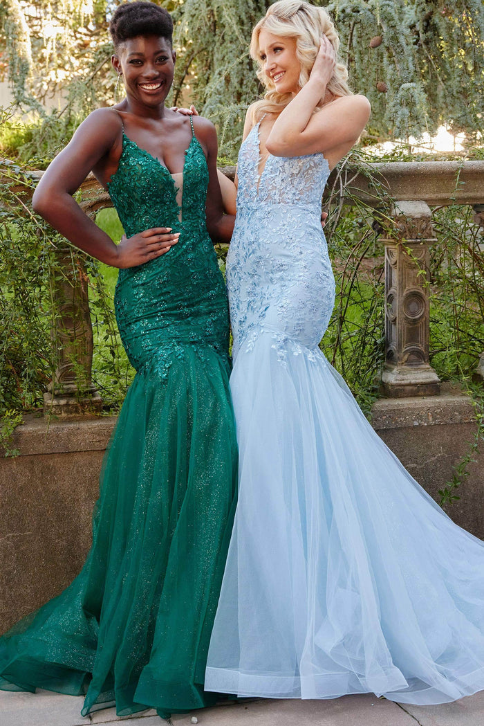 Jovani JVN07398 - Embroidery Applique Mermaid Prom Dress Prom Dresses 00 / Emerald