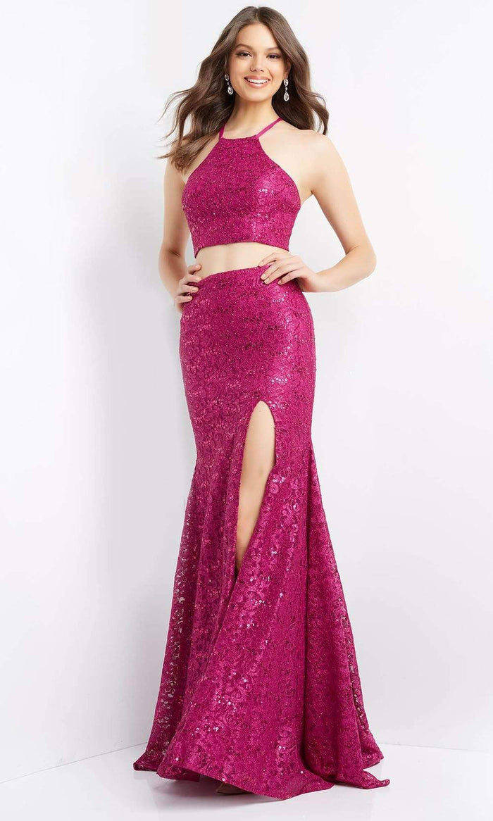Jovani - JVN08514 Two-Piece Halter Lace Gown Special Occasion Dress 00 / Fuchsia