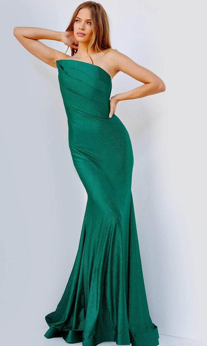 Jovani JVN230973 - Pleated Asymmetric Neck Prom Gown Prom Dresses 00 / Emerald