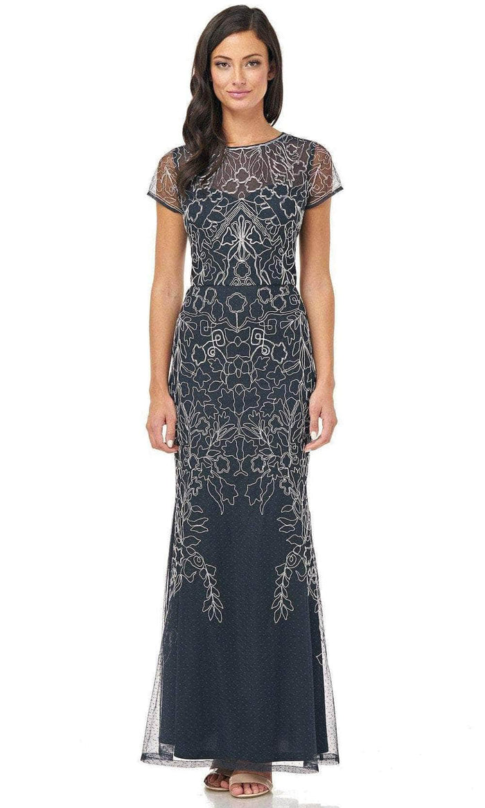 JS Collections 866758 - Illusion Neck Short Sleeved Embroidered Dress Special Occasion Dress 2 / Navy Silver