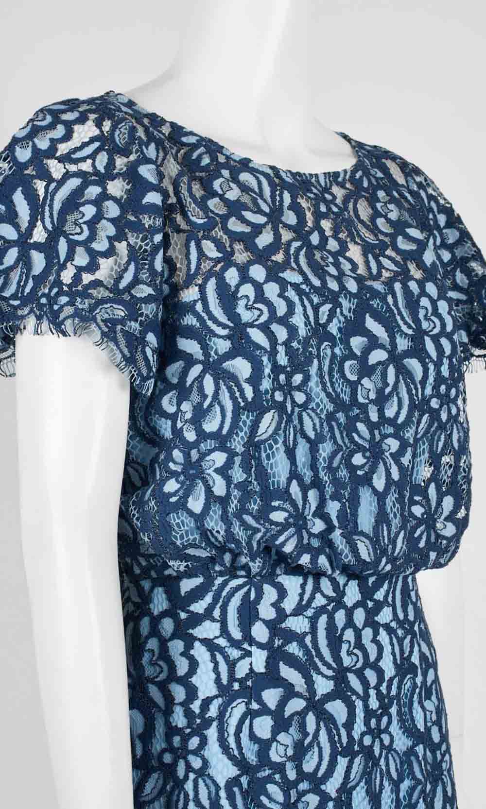 JS Collections - 866800 Short Sleeves Blouson Lace Sheath Midi Dress JS Collections - 866800 Short Sleeves Blouson Lace Sheath Midi Dress