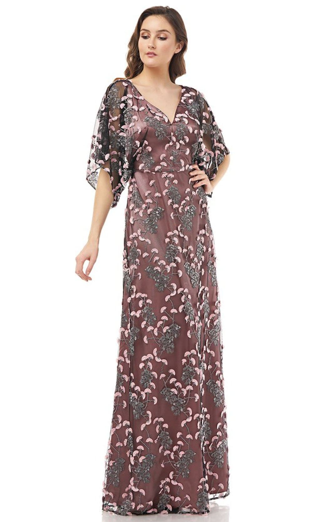 JS Collections - 866927 Kimono Sleeve Embroidered V-Neck Dress JS Collections - 866927 Kimono Sleeve Embroidered V-Neck Dress