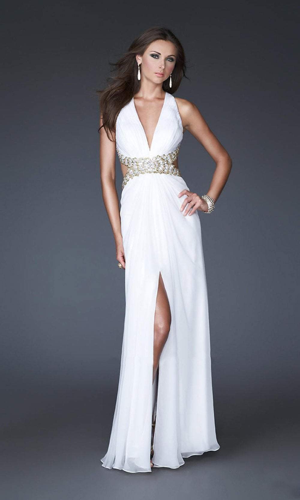 La Femme - 16100 Gold Strap Crisscross Back Halter Style Evening Gown 10 / Watermelon/Gold - Shop La Femme dresses on Couture Candy at La Femme - 16100 Gold Strap Crisscross Back Halter Style Evening Gown 10 / Watermelon/Gold - Shop La Femme dresses on Couture Candy at