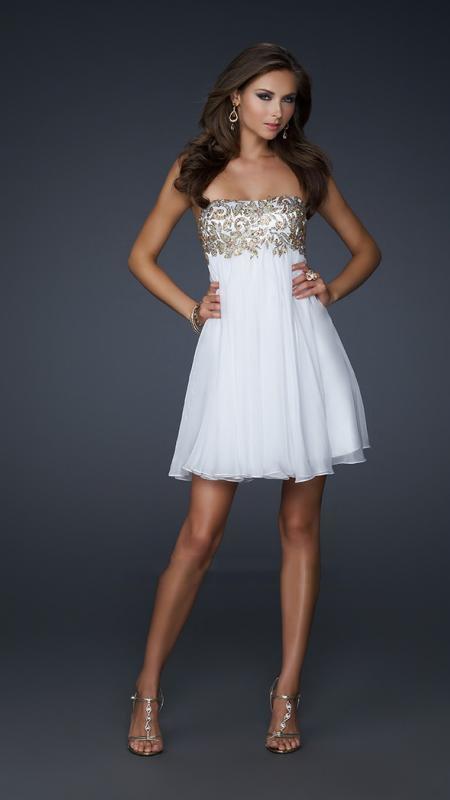 La Femme - 17107 Grecian Damask Lace A-Line Empire Cocktail Dress 6 / White/Gold - Shop La Femme dresses on Couture Candy at CoutureCandy.com La Femme - 17107 Grecian Damask Lace A-Line Empire Cocktail Dress 6 / White/Gold - Shop La Femme dresses on Couture Candy at CoutureCandy.com