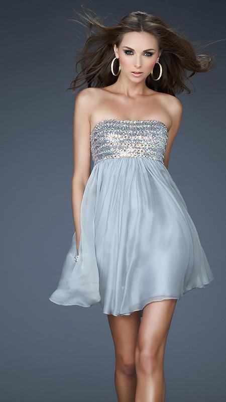 empire waist a line dress La Femme - 18063 Sequined Straight Neck Empire Waist A-line Dress 0 / White