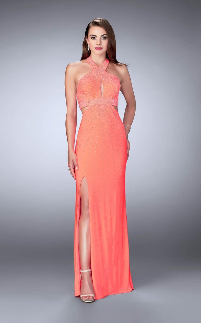 bedazzled jersey dress La Femme Drape Front Bedazzled Jersey Prom Dress In Black