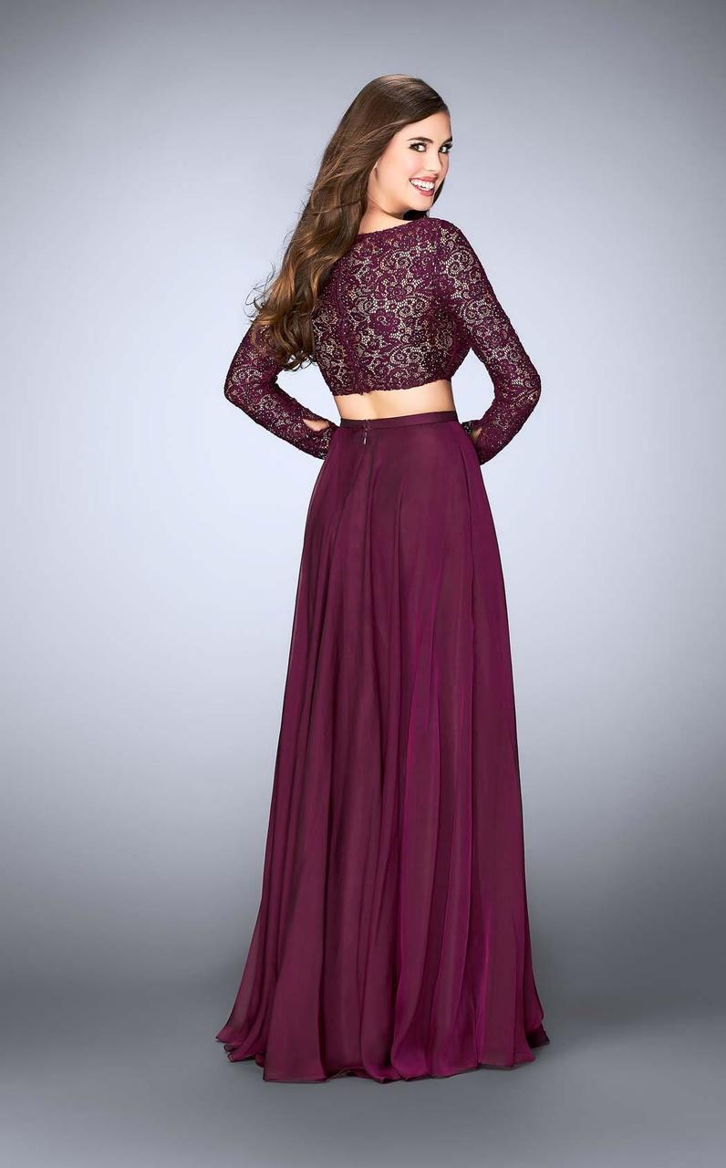 La Femme Long Sleeve Two Piece Gown With Sheer Neckline - Red