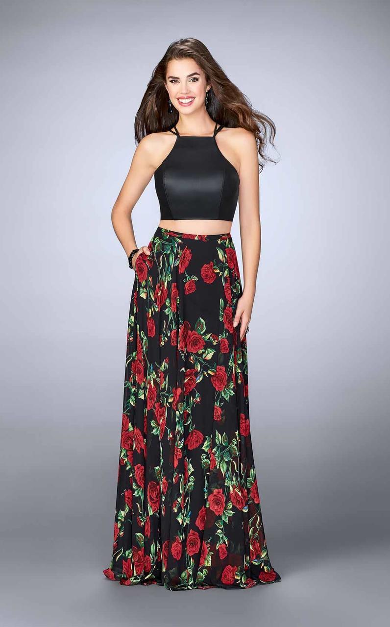 La Femme - 24014 Eye-catching Floral and Leather Two-piece Chiffon Dress 2 / Black/Multi-Color - Shop La Femme dresses on Couture Candy at La Femme - 24014 Eye-catching Floral and Leather Two-piece Chiffon Dress 2 / Black/Multi-Color - Shop La Femme dresses on Couture Candy at