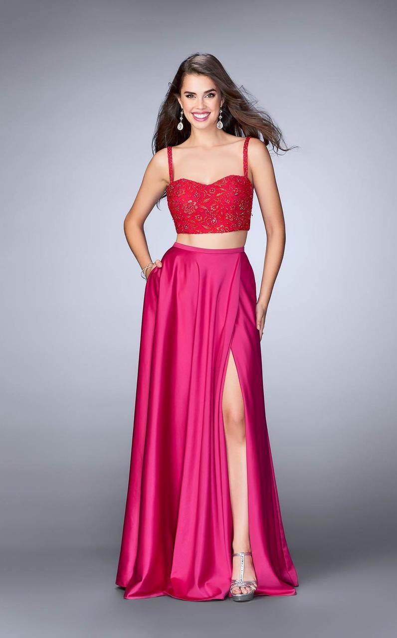 pink satin two piece dress Hot Pink Two Piece One Shoulder Satin Mermaid Prom Dress, Fuchsia / 8