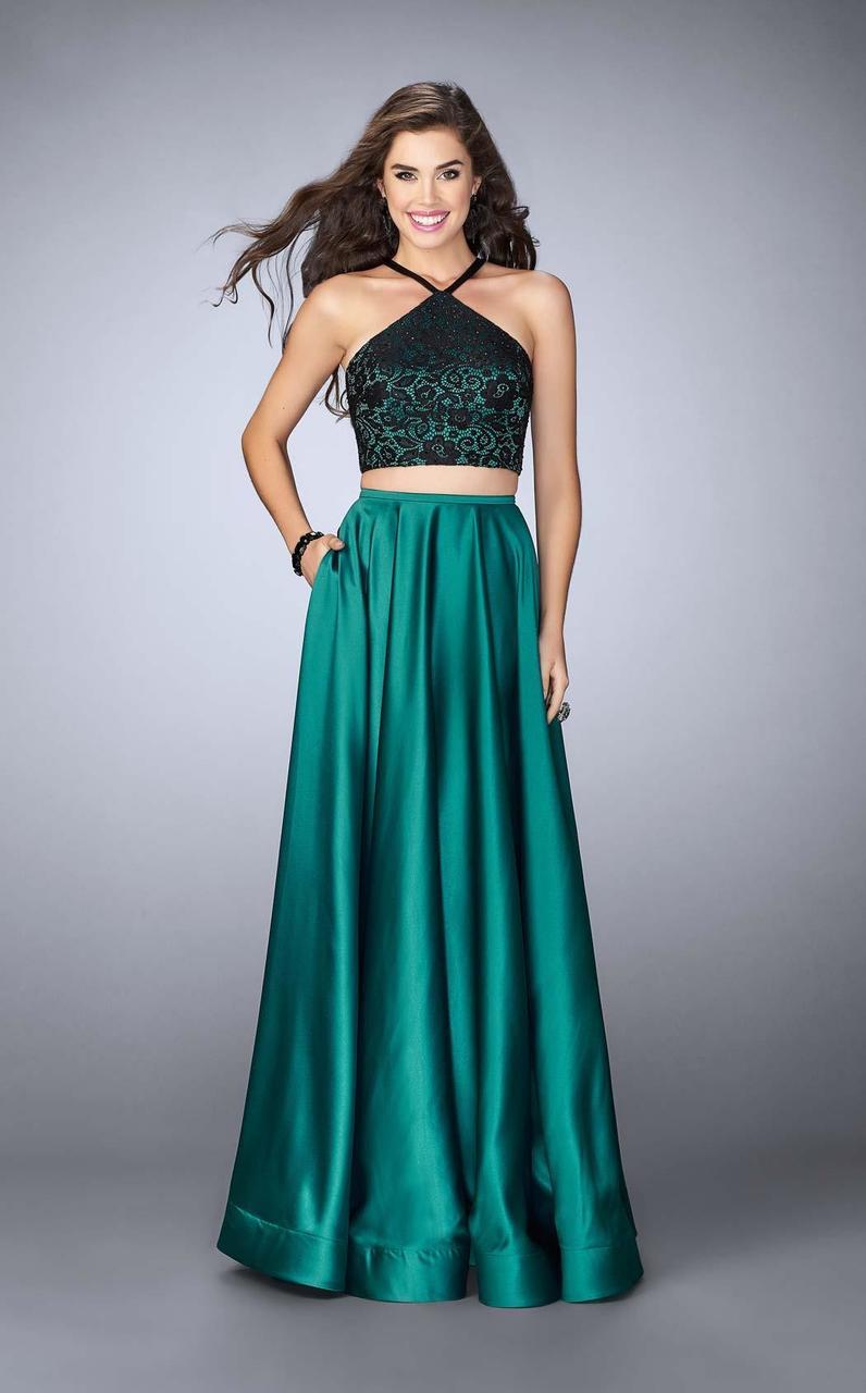La Femme - 24264 Sleeveless Halter Neck Laced and Satin Two-piece A-line Dress 0 / Burgundy - Shop La Femme dresses on Couture Candy at La Femme - 24264 Sleeveless Halter Neck Laced and Satin Two-piece A-line Dress 0 / Burgundy - Shop La Femme dresses on Couture Candy at