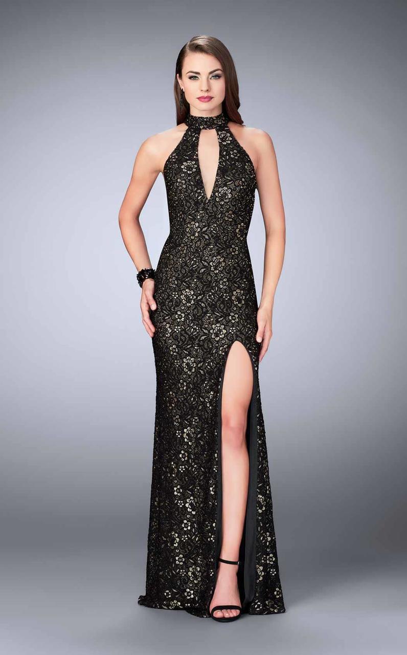 La Femme - 24439 Lace Halter Long Evening Gown with Sultry Keyhole Opening 0 / Fuchsia/Gold - Shop La Femme dresses on Couture Candy at La Femme - 24439 Lace Halter Long Evening Gown with Sultry Keyhole Opening 0 / Fuchsia/Gold - Shop La Femme dresses on Couture Candy at