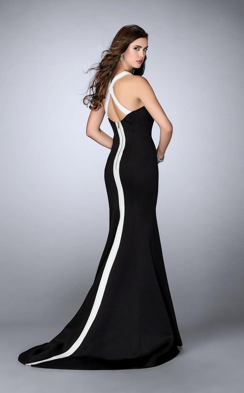 La Femme - 24449 Striking Criss Cross Neck Neoprene Gown La Femme - 24449 Striking Criss Cross Neck Neoprene Gown