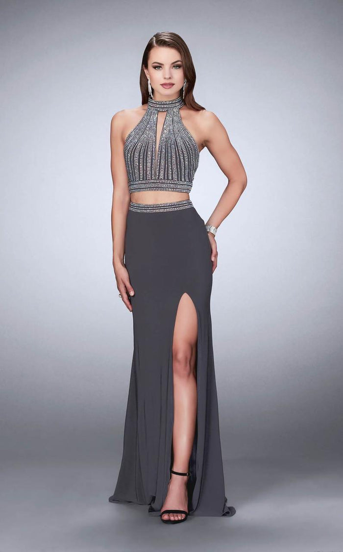 La Femme - 24521 Exquisite High Crystal-Adorned Long Evening Gown Special Occasion Dress 00 / Gunmetal