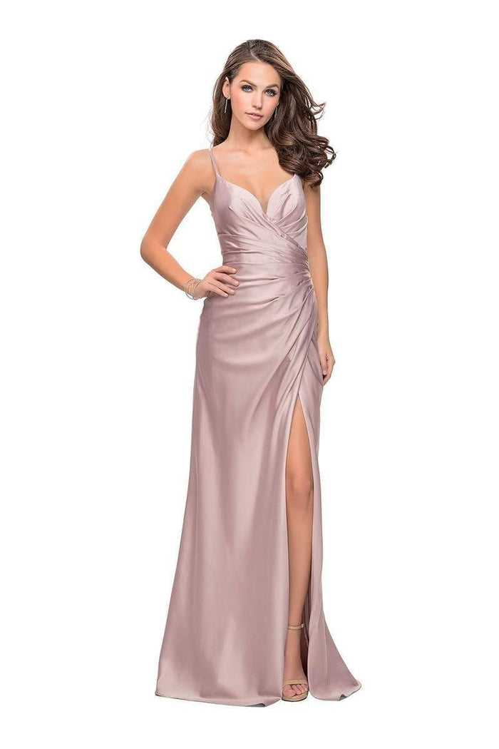 La Femme - 25270 Sleeveless Pleated Surplice Bodice Satin Gown Special Occasion Dress 00 / Champagne