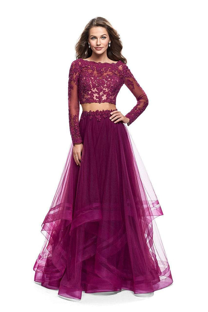 La Femme - 25300 Two-Piece Illusion Appliqued Bodice Tulle Gown Special Occasion Dress 00 / Boysenberry
