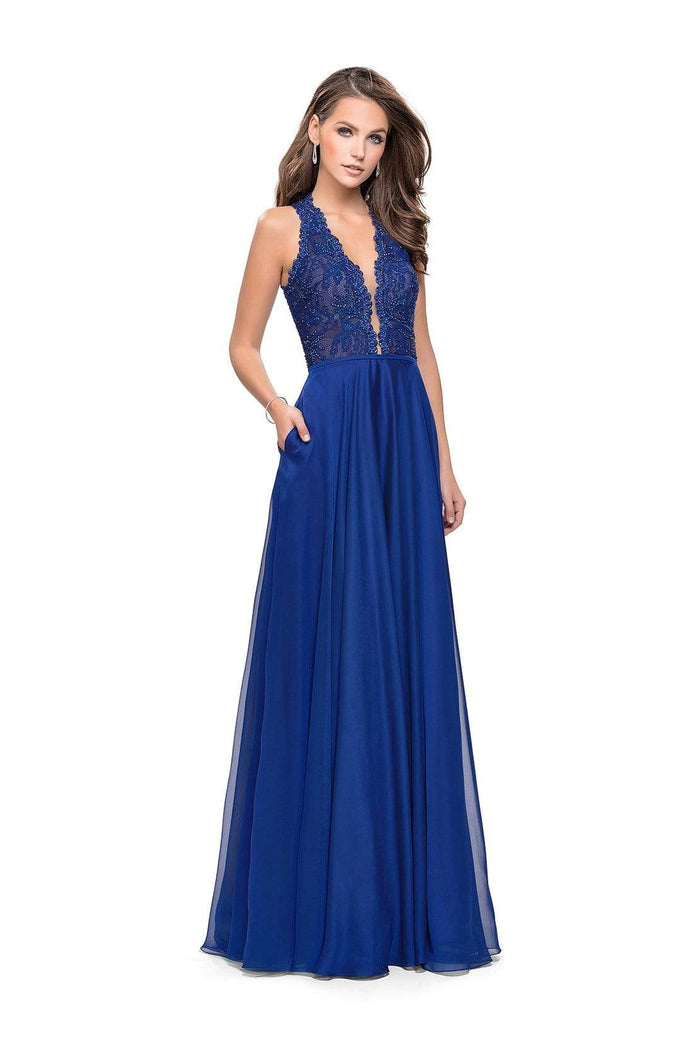 La Femme - 25487 Plunging Scalloped Lace Chiffon Dress Special Occasion Dress 00 / Marine Blue