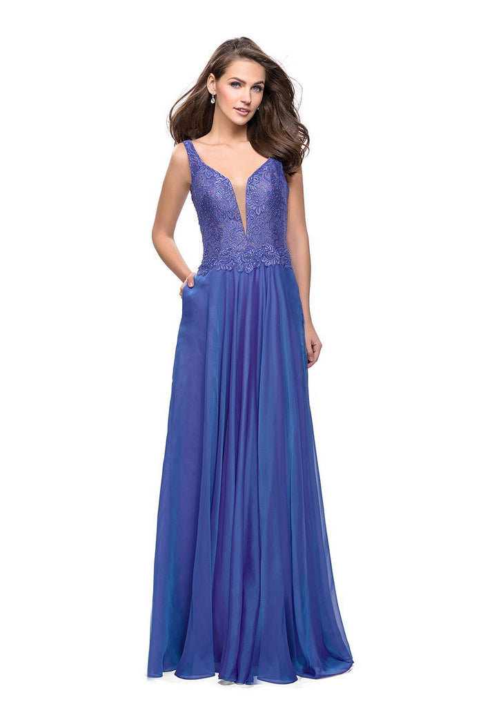 La Femme - 25513 Beaded Lace Plunging Chiffon Dress Special Occasion Dress 00 / Blue Violet