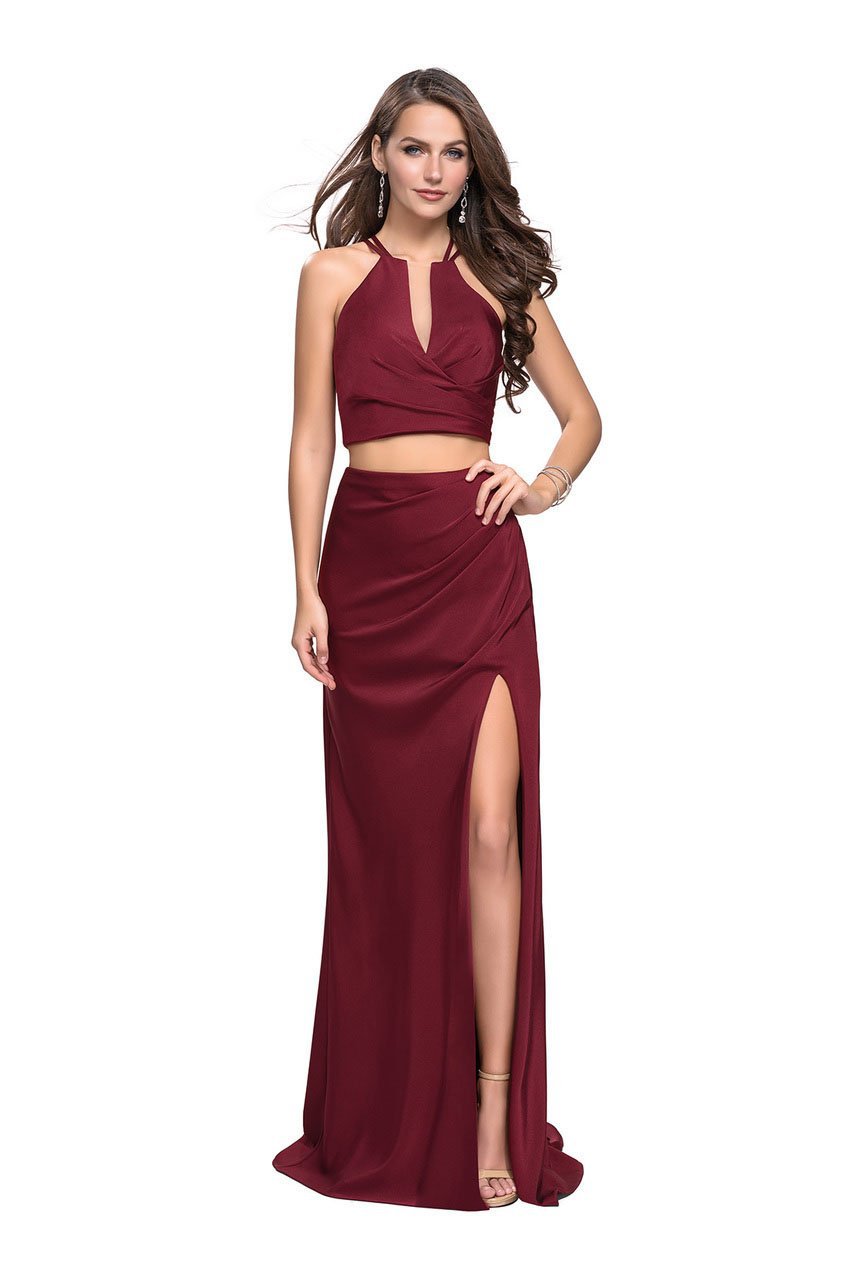 La Femme - 25731 Two Piece Deep V-neck Ruched Sheath Dress 0 / Burgundy - Shop La Femme dresses on Couture Candy at CoutureCandy.com La Femme - 25731 Two Piece Deep V-neck Ruched Sheath Dress 0 / Burgundy - Shop La Femme dresses on Couture Candy at CoutureCandy.com